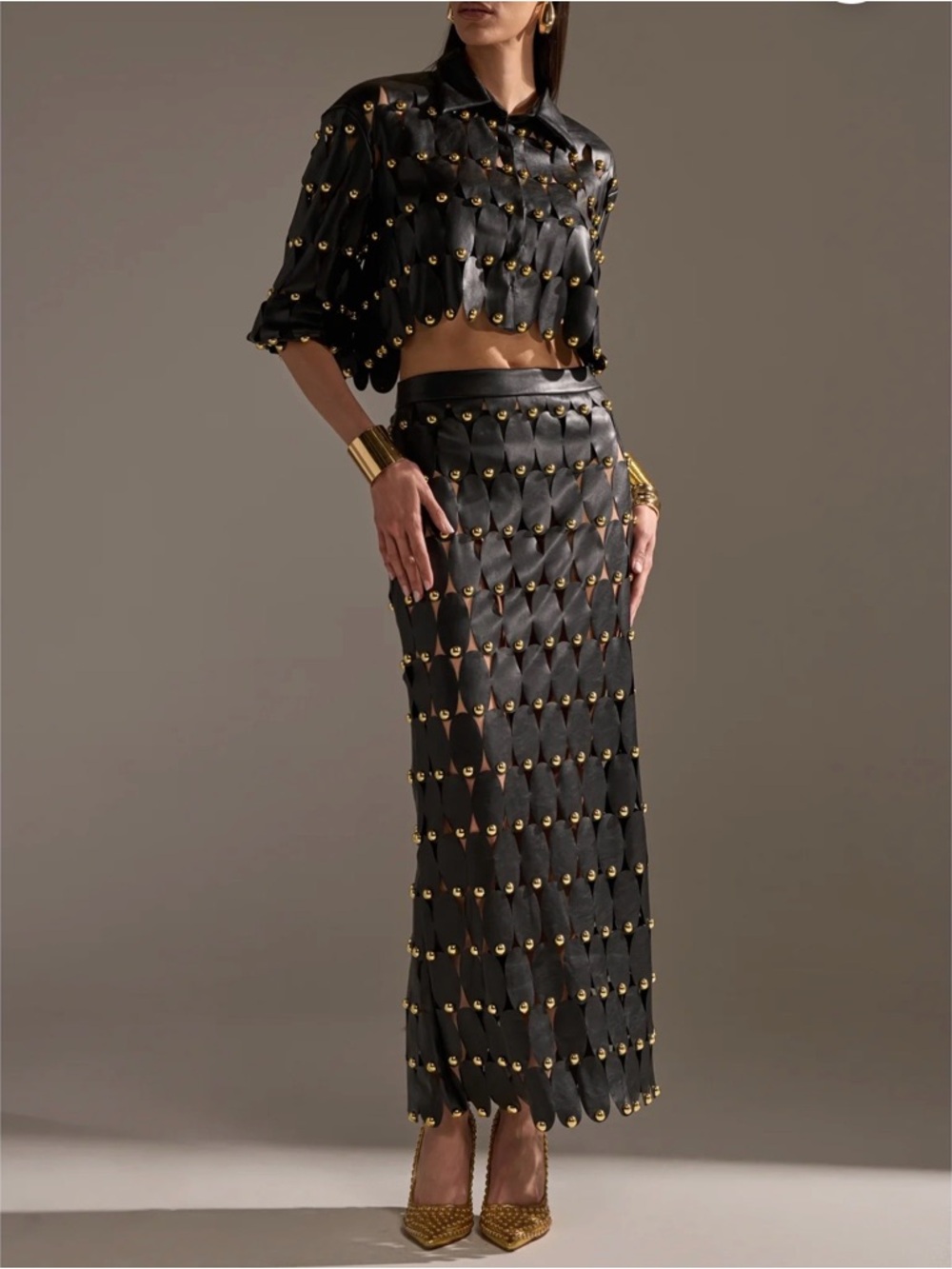 ✨AKIRA Black Cropped Studded Scalloped Leather-Look Shirt✨ - Picture 11 of 14